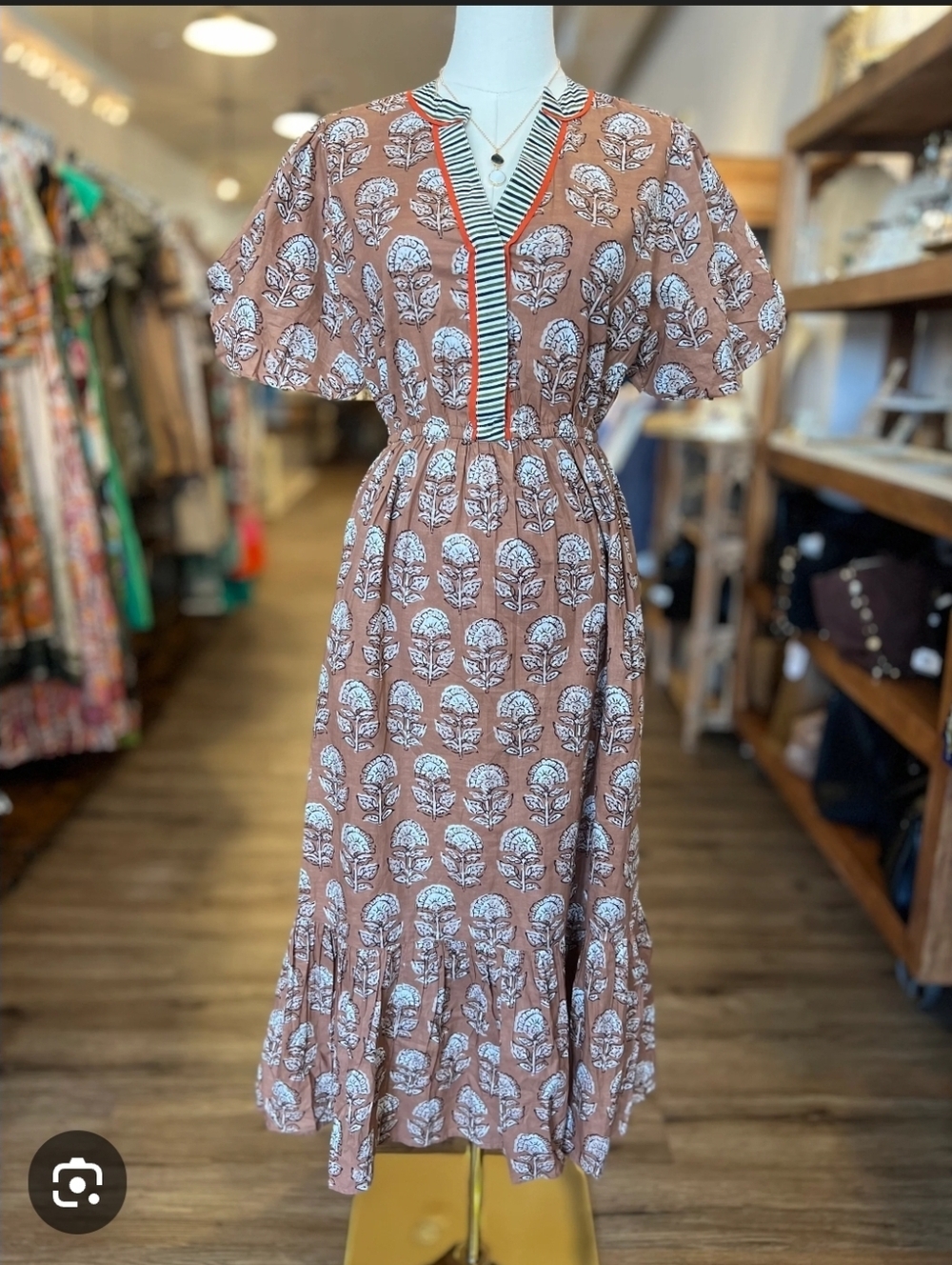 THML Brianne Puff Sleeve Midi Dress Striped Neck Boho Brown S